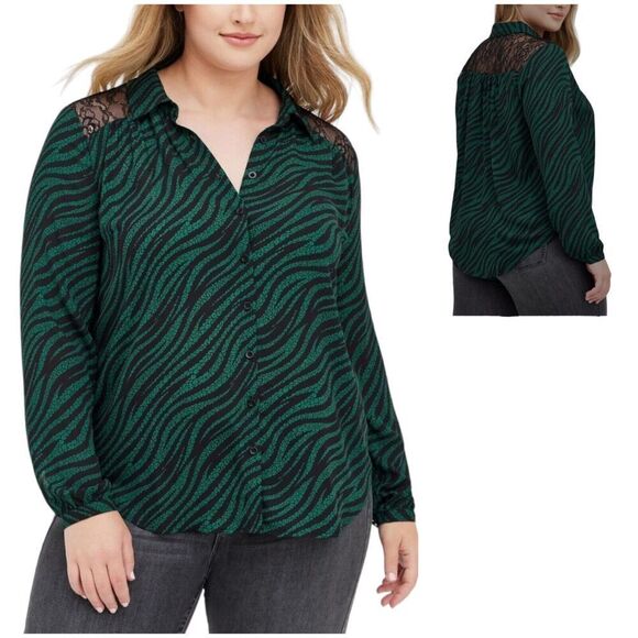Torrid Georgette Lace Trim Drop Leopard Green Long Sleeve Blouse Size 3X (22-24) - Picture 1 of 7